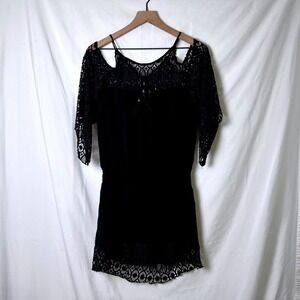 BECA Women Swim Coverup Black Size L Crochet Lace Cold Shoulder Boho Tassel